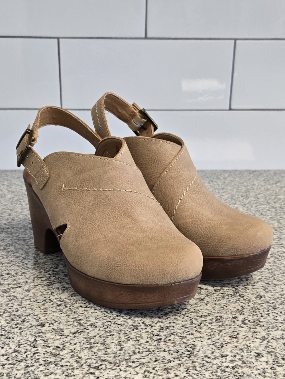 boc Tan Suede Slingback Clog Heels with Wooden Platform